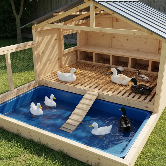 Ide Kandang Bebek dengan Area Kering dan Tempat Berendam (AI Generated)