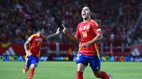 Perayaan gol pemain Spanyol Martin Zubimendi saat melawan Denmark di UEFA Nations League (AFP)