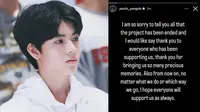 Yorch Yongsin yang merupakan anggota dari grup pre-debut dari proyek Trainee A mengunggah ceritanya melalui Instagram pada Jumat, (23/12/22) dan mengatakan bahwa proyek Trainee A dibubarkan. (source: Instagram.com/yorch_yongsin)