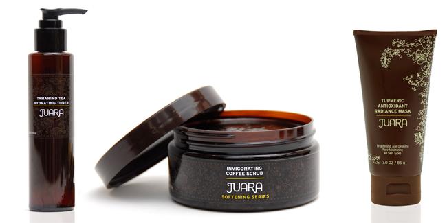 (a) JUARA Tamarind Tea Hydrating Toner (b)  JUARA Invigorating Coffe Scrub (c) JUARA Turmeric Antioxidant Radiance Mask