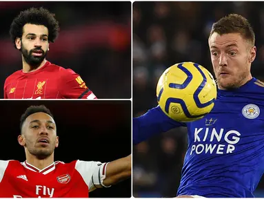 Berikut ini daftar topskor sementara Premier League musim 2019/2020. Jamie Vardy berada di posisi pertama dengan koleksi 19 gol, sementara Mohamde Salah berada di urutan keempat dengan torehan 16 gol. (kolase foto AFP)