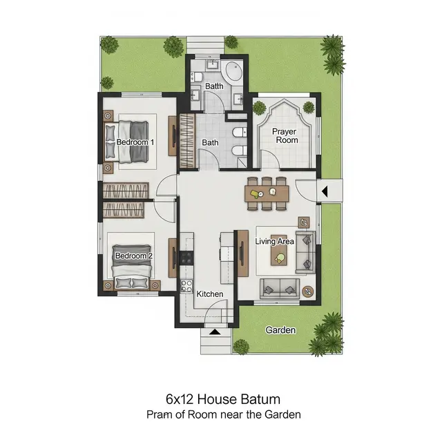 Desain Rumah Minimalis 6x12 dengan 2 Kamar Tidur dan Mushola Dekat Taman