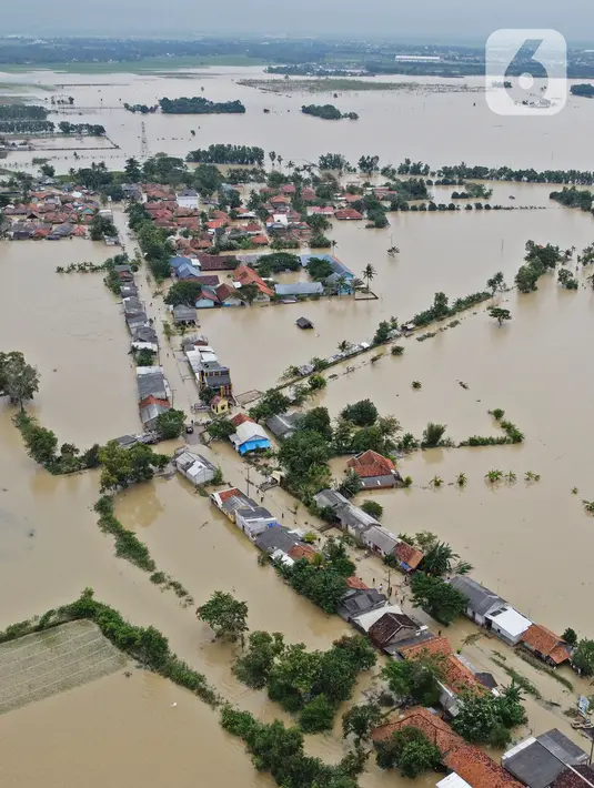 Foto udara memperlihatkan banjir merendam Desa Karangligar di Kecamatan Telukjambe Barat, Karawang, Kamis (10/2/2021). Banjir di Desa Karangligar akibat meluapnya sungai Citarum dan Cibeet membuat ratusan rumah terendam banjir dan ratusan hektar sawah. (Liputan6.com/Herman Zakharia)