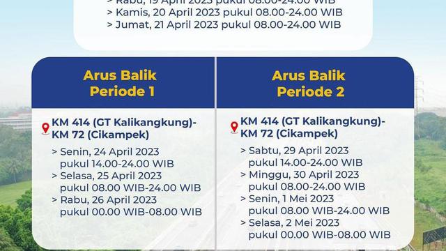 Mencegah terjadinya penumpukan kendaraan pada puncak arus mudik dan balik Hari Raya Idul Fitri 1444H, Jasa Marga melakukan rekayasa lalu lintas berupa One Way, Contra Flow, dan Ganjil Genap.