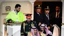 Raja Arab Saudi, Salman bin Abdulaziz Al Saud menuruni tangga eskalator saat tiba di Vnukovo International Airport, Rusia, 4 Oktober 2017. Eskalator emas itu mendadak macet dan membuat raja serta sejumlah pendampingnya  kebingungan (Alexander NEMENOV/AFP)