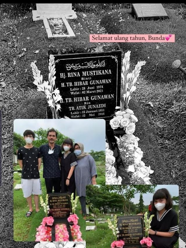 Teddy Syah bersama kedua anaknya mengucapkan selamat ulang tahun kepada Rina Gunawan di makam (Instagram Stories)