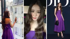 Foto kolase Jisoo Blackpink saat menghadiri fashion show Dior Autumn/Winter 2023, Paris Fashion Week, Selasa 28 Februari 2023 di Jardin des Tuileries, Paris, Prancis. Jisoo tampil glamor dalam balutan gaun ungu. (Instagram/sooyaaa__)