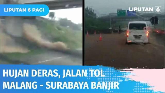 Hujan deras yang terjadi Selasa petang (08/03) Mengakibatkan banjir dan longsor di ruas jalan Tol Surabaya-Malang. Arus lalu lintas dari Surabaya menuju Malang ditutup total akibat terkepung air.