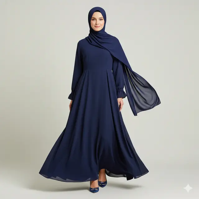 Inspirasi Dress Panjang Polos Minimalis Kombinasi Kerudung Muslim.