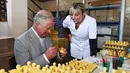 Pangeran Charles melukis sabun wangi  berbentuk bebek selama kunjungannya ke pabrik laboratorium Parfumerie Fragonard di Eze, dekat Nice, Prancis selatan, (7/5). (AFP Photo/Pool/Boris Horvat)
