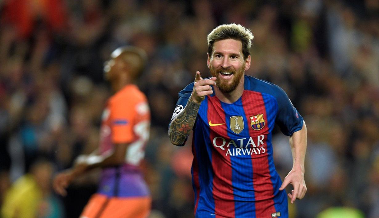 Ekspresi pemain Barcelona, Lionel Messi, setelah mencetak gol ke gawang Manchester City dalam laga Grup C Liga Champions di Camp Nou, Barcelona, Kamis (20/10/2016) dini hari WIB. (AFP/Lluis Gene)