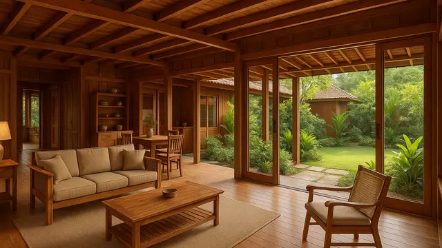 Model Rumah Kampung dengan Interior Kayu/Ilustrasi gambar oleh AI