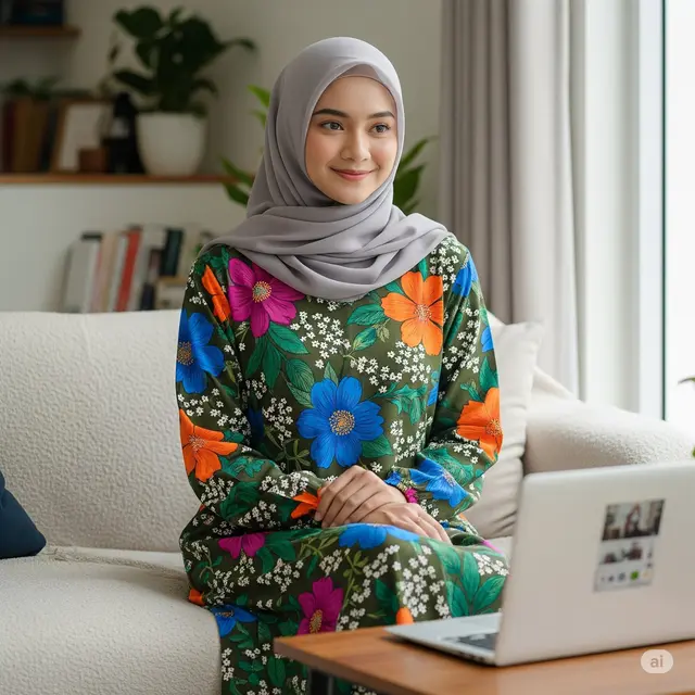 Model Gamis Bahan Katun Motif Bunga Terbaru 2025. Foto: Gemini