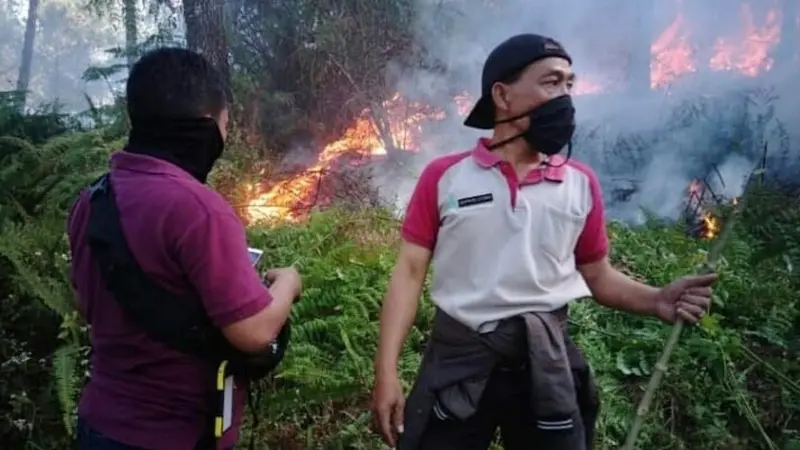 Relawan berupaya memadamkan api di Lereng Gunung Slamet, Petak 58A, Dukuh Bambangan, Kutabawa, Karangreja, Purbalingga. (Foto: Liputan6.com/Perhutani/Muhamad Ridlo)