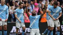 Striker Man City, Antoine Semenyo melakukan selebrasi usai mencetak gol ke gawang Chelsea pada final Piala FA 2025/2026. (Adrian Dennis / AFP)