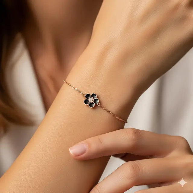 Gelang Rantai Rose Gold & Bunga Hitam