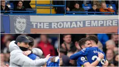 Kolase foto dari spanduk The Roman Empire (atas), pelukan Thomas Tuchel (kiri), dan pelukan Jorginho saat Chelsea mengalahkan Newcastle di Stamford Bridge, Minggu (13/3/2022). (AP Photo)