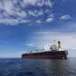 Salah satu kapal Vessel sedang menunggu antrian alih muat Ship to Ship di Perairan Muara Berau, Kalimantan Timur.