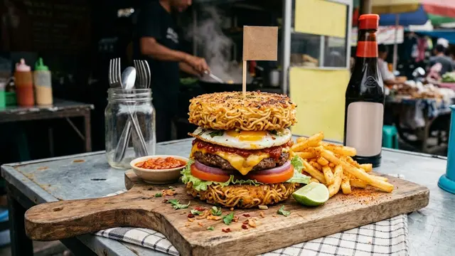Ilustrasi Resep Burger Mie Instan Renyah yang Anti Hancur/AI Generated
