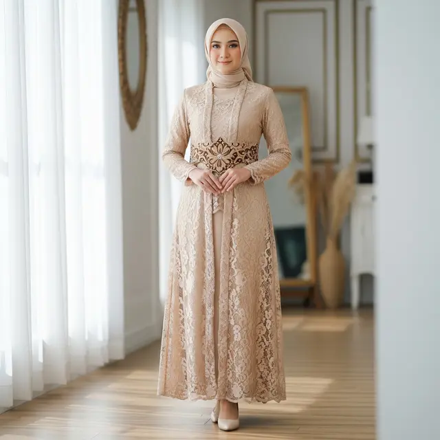 Gamis Batik Brokat Warna Champagne