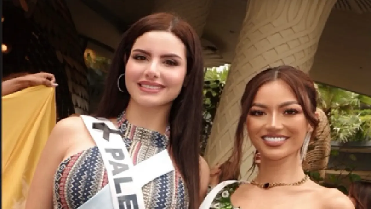 Promosi Miss Universe 2025, Wakil Indonesia Sanly Liu Foto Bareng dengan Miss Palestina