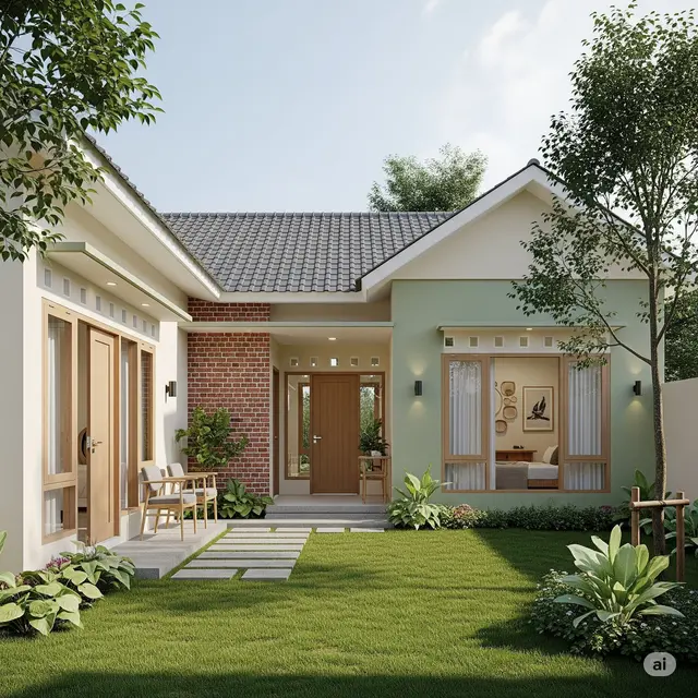 Model Rumah Sederhana Masa Tua yang Nyaman Rumah Netral Warna Pastel. Foto: Gemini