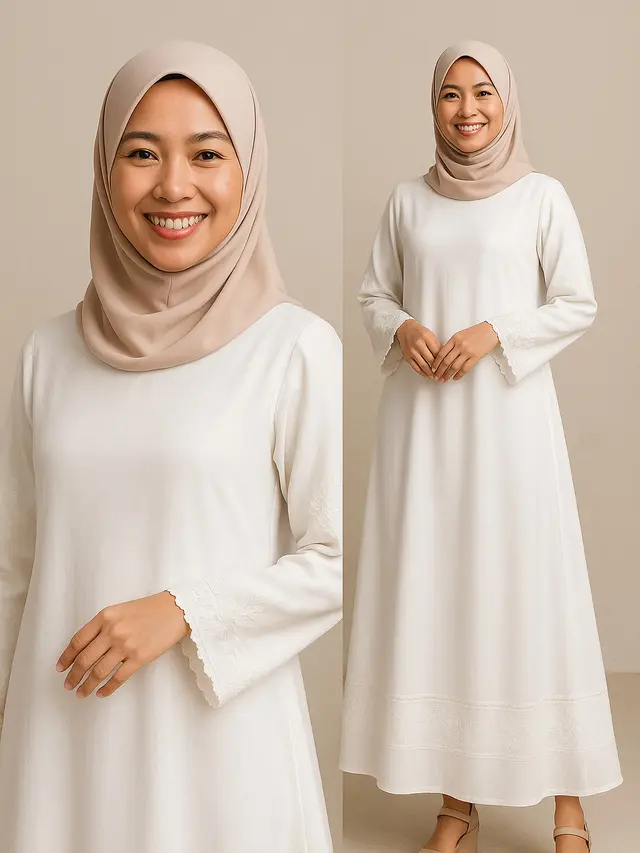 Pilihan Gamis Warna Putih & Pastel yang Lagi Tren untuk Maulid Nabi 2025/ Ilustrasi AI