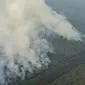 Pemandangan lahan yang terbakar dari atas helikopter di Pelalawan, Provinsi Riau, Kamis (17/9/2015). Asap dari kebakaran hutan ini mengakibatkan aktivitas warga Riau dan sekitarnya terganggu (AFP Photo/Adek Berry)