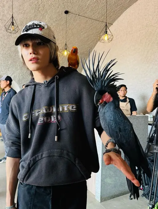 Saat ke taman burung di TMII, Taeyong mengenakan hoodie hitam serasi dengan celananya. Sambil mengenakan topi capnya. [@taeoxo_nct]