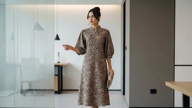 Midi Dress Batik dengan Kerah Mandarin