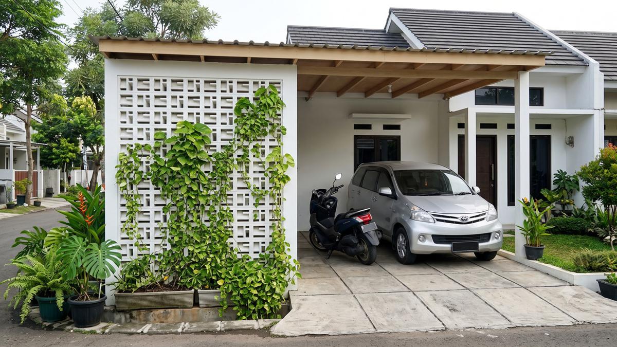 8 Model Carport dengan Dinding Roster untuk 1 Mobil dan 1 Motor di Rumah Type 45