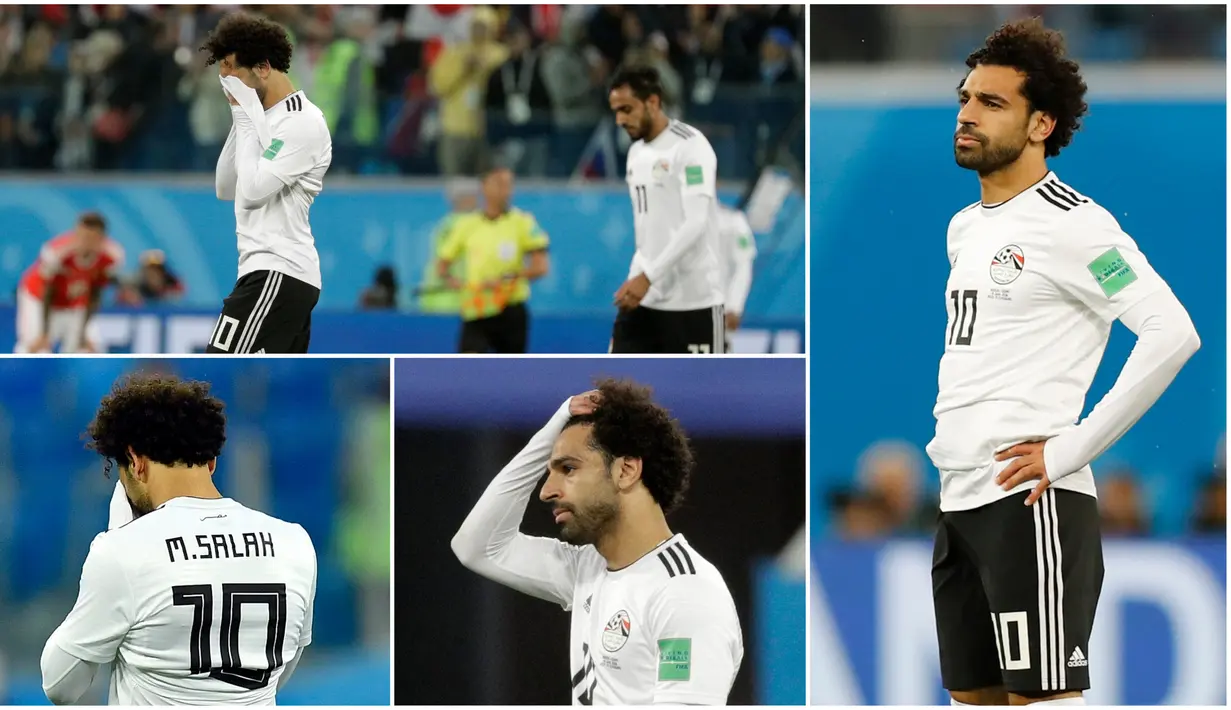 Berikut ini ragam ekspresi kekecewaan pemain bintang Mesir, Mohamed Salah, usai ditaklukkan Rusia pada laga Piala Dunia 2018. (Foto-foto Kolase AP)