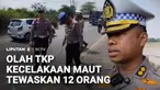 Tim Traffic Accident Analysis Ditlantas Polda Jawa Barat menggelar olah TKP di lokasi kecelakaan maut yang menewaskan 12 orang di Jalur Pantura, Kabupaten Indramayu, Jawa Barat. Petugas menyelidiki penyebab kecelakaan dengan menggunakan kendaraan pen...