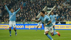 Selebrasi Savinho di laga Newcastle vs Manchester City di ronde kelima FA Cup di St James' Park, Minggu (08/03/2026) dini hari WIB. (AP Photo/Ian Hodgson)