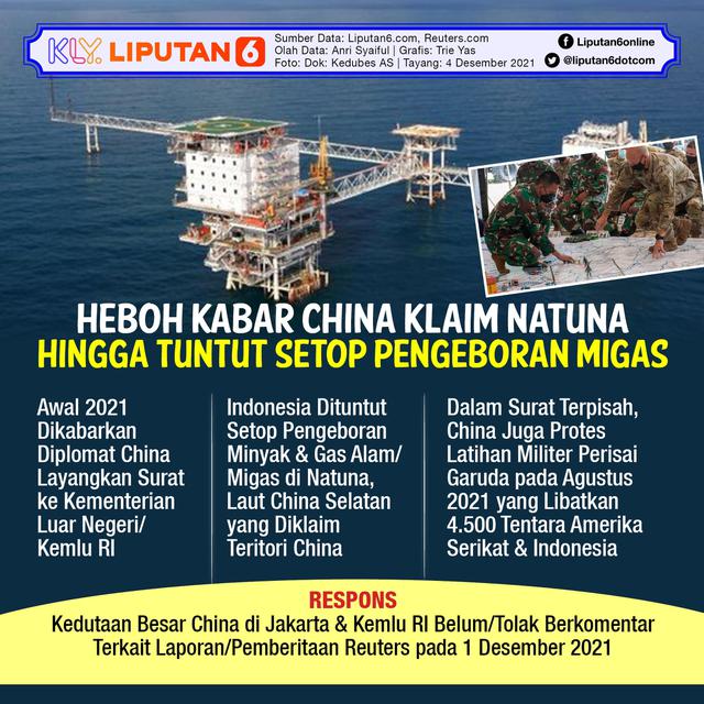 Infografis Heboh Kabar China Klaim Natuna hingga Tuntut Setop Pengeboran Migas. (Liputan6.com/Trieyasni)