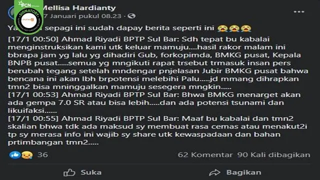 Gambar Tangkapan Layar Kabar tentang BMKG Imbau Warga Tinggalkan Mamuju Usai Dilanda Gempa (sumber: Facebook)