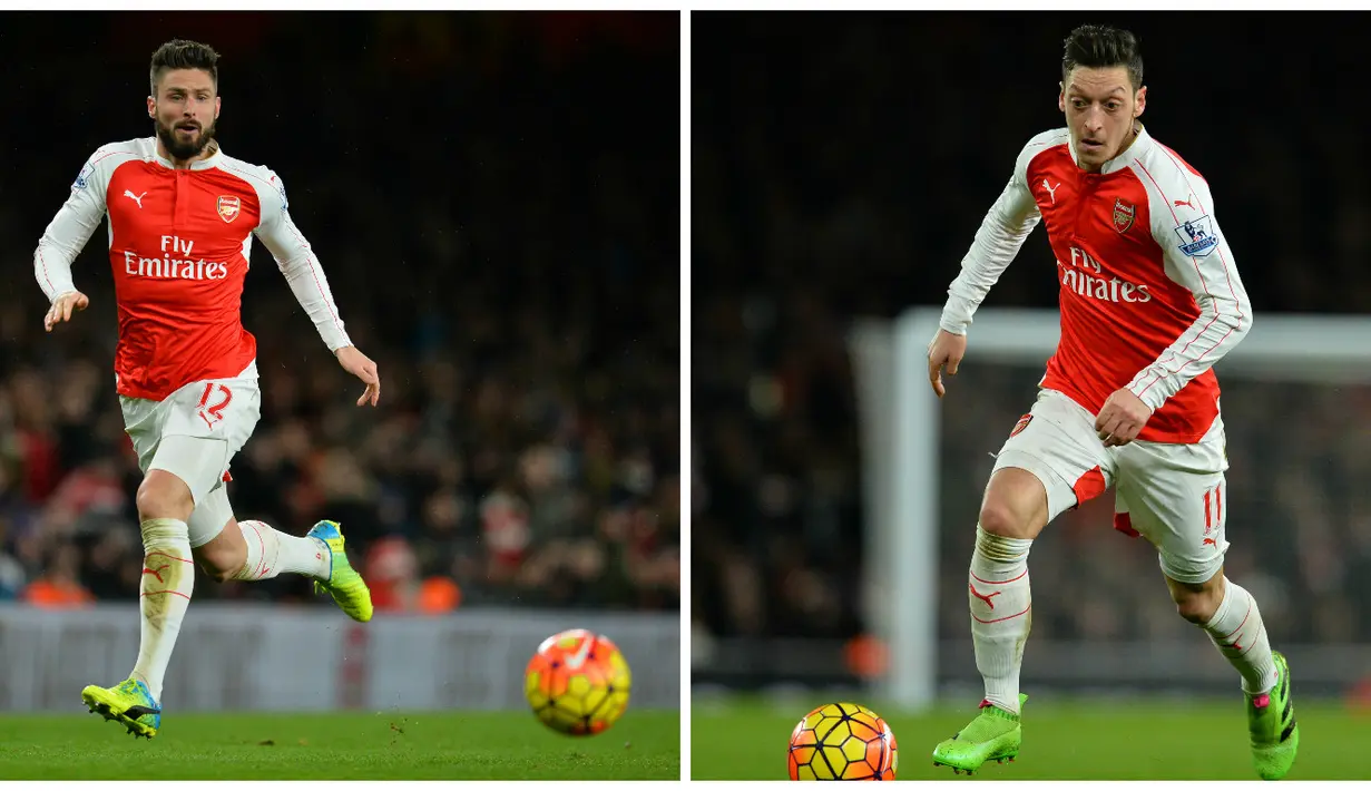 2. Olivier Giroud - Mesut Ozil (8 gol), Arsenal beruntung memiliki Ozil yang musim ini mampu memecahkan rekor assist Liga Inggris, kemampuannya mengumpan mampu dimanfaatkan dengan baik oleh Giroud. (AFP)