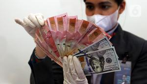 Karyawan menunjukkan uang rupiah dan dolar AS di Jakarta, Rabu (30/12/2020). Nilai tukar rupiah di pasar spot ditutup menguat 80 poin atau 0,57 persen ke level Rp 14.050 per dolar AS. (Liputan6.com/Johan Tallo)