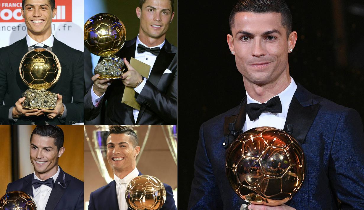 Bintang Real Madrid asal Portugal, Cristiano Ronaldo, dinobatkan sebagai peraih Ballon d'Or 2017 di Menara Eiffel, Paris, Jumat (8/12/2017). Gelar Ballon d'Or kelima bagi CR7 ini sekaligus menyamai raihan Ballon d'Or milik Messi. (AFP/Franck Faugere)