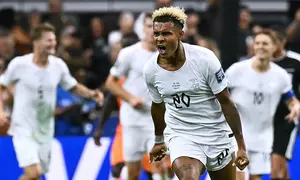Winger Norwegia Antonio Nusa rayakan gol ke gawang Pantai Gading pada babak 32 besar Piala Dunia 2026 di Dallas Stadium, Rabu (1/7/2026) dini hari WIB.(AFP/Paul Ellis)