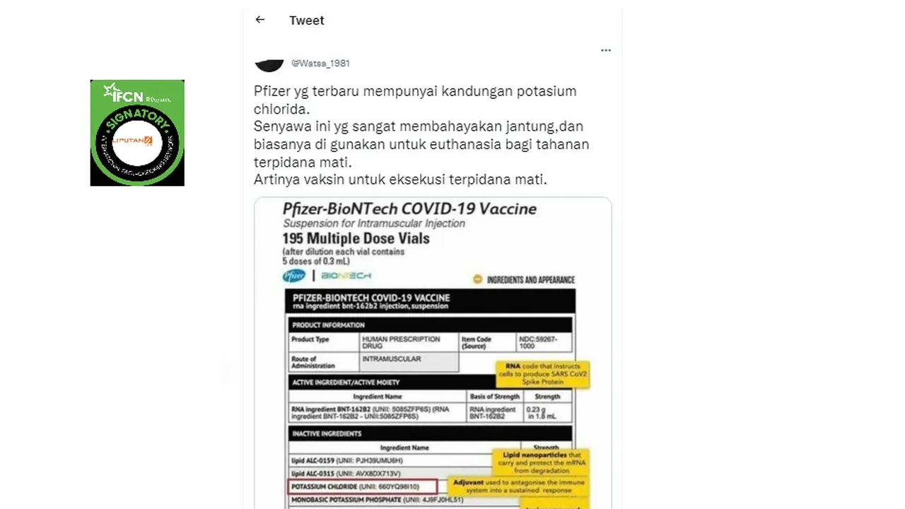 Tangkjapan layar klaim kandungan Potassium chloride atau Kalium klorida pada vaksin Pfizer mematikan