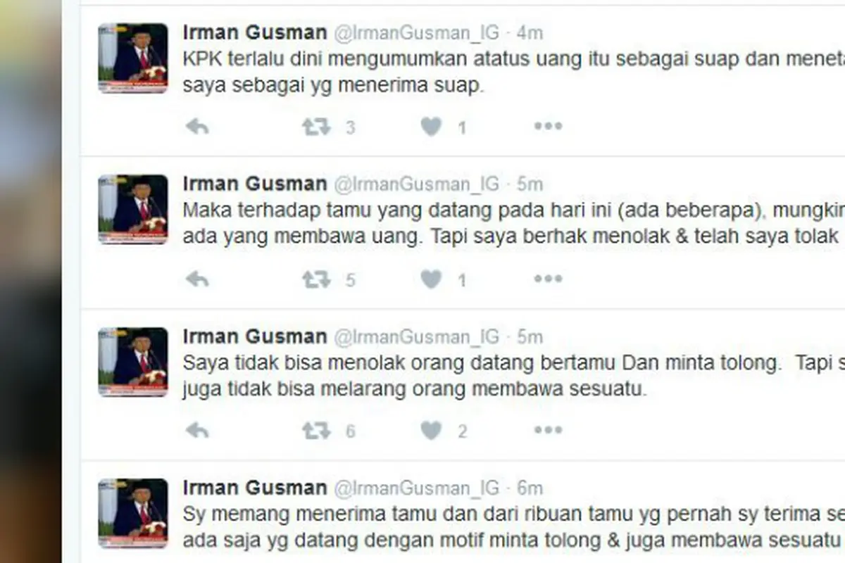 Dituduh Terima Suap, Irman Gusman Berikan Klarifikasi di Twitter