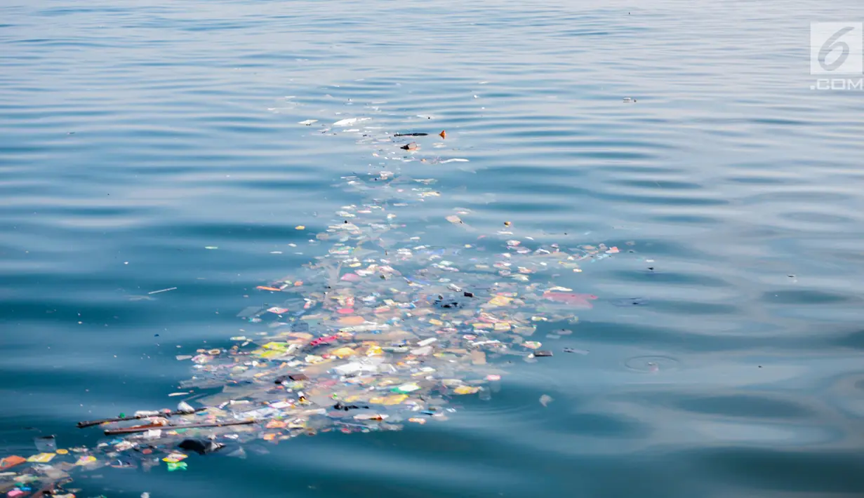 Sampah kiriman mengotori perairan Kepulauan Seribu di sekitar Pulau Pari dan Pulau Pramuka, Rabu (28/11). Sampah itu terbawa arus laut dan terdampar akibat angin serta hujan deras yang melanda daratan Pulau Jawa. (Liputan6.com/Faizal Fanani)