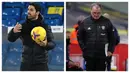 Pertemuan dua pelatih, Marcelo Bielsa di kubu Leeds United dan Mikel Arteta di Arsenal tersaji dalam laga lanjutan Liga Inggris pekan ke-9 di Elland Road Stadium, Minggu (22/11/2020) lalu. Beragam ekspresi mereka tunjukkan dalam laga yang berkesudahan 0-0. (Kolase Foto AFP)