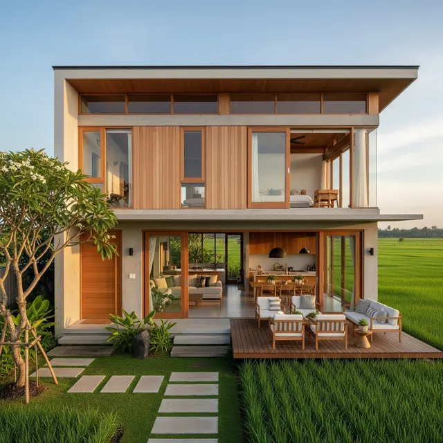 Model Rumah Minimalis di Desa Cocok untuk Daerah Sawah (AI)