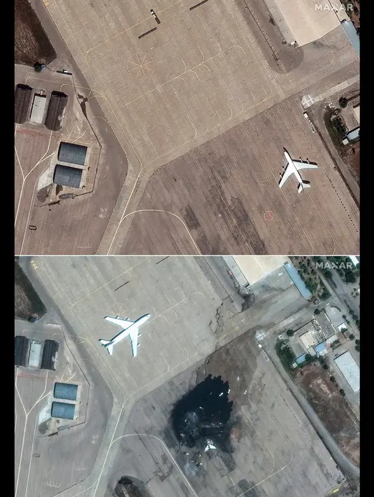 Dan kota Tabriz yang diketahui menjadi lokasi pangkalan Angkatan Udara utama Iran yang menjadi target serangan Israel dalam beberapa hari terakhir. (Foto oleh Citra satelit ©2025 Maxar Technologies/AFP)