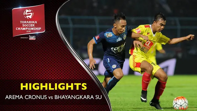 Video highlights Torabika Soccer Championship 2016 antara Arema Cronus melawan Bhayangkara Surabaya United yang berakhir dengan skor 3-0 di Stadion Kanjuruhan, Malang pada hari Minggu (15/5/2016).