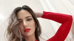 Meski hanya memakai atasan polos berwarna merah, istri Ardie Bakrie ini tampil menawan dengan lipstik senada serta membiarkan rambutnya terurai.(Liputan6.com/IG/@ramadhaniabakrie)