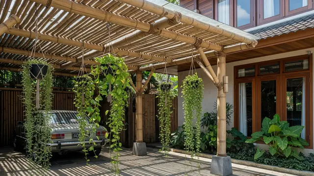 Carport Struktur Bambu dengan Pot Gantung (The Tropical Hammock)