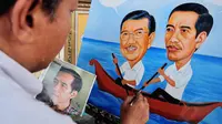 Dalam lukisan itu, Jokowi dan JK tampak mendayung sebuah perahu di tengah laut, Jakarta, Kamis (24/7/14). (Liputan6.com/Faizal Fanani)